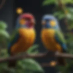 Colorful pet birds perched on a branch