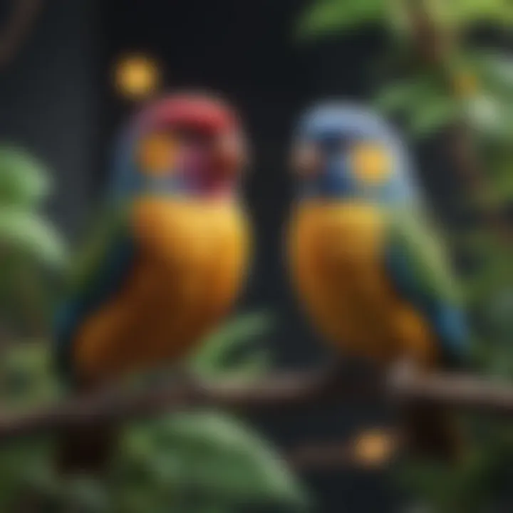 Colorful pet birds perched on a branch