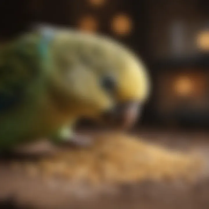 A close-up of a budgie enjoying pelleted food.