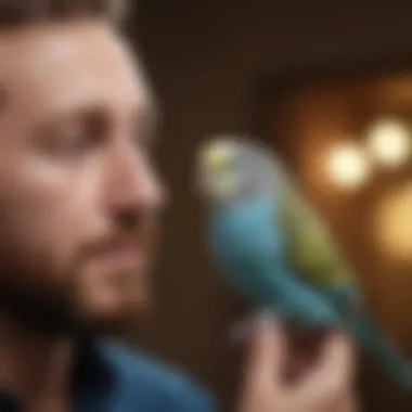 A serene setting with a budgie interacting with its owner