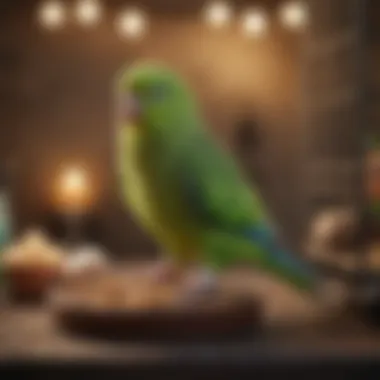 Happy parakeet in a cozy cage setting