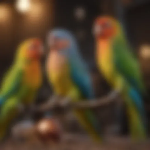 Selection of colorful parakeets in a vibrant environment