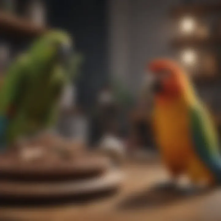 A well-equipped parrot habitat featuring toys, food, and perches