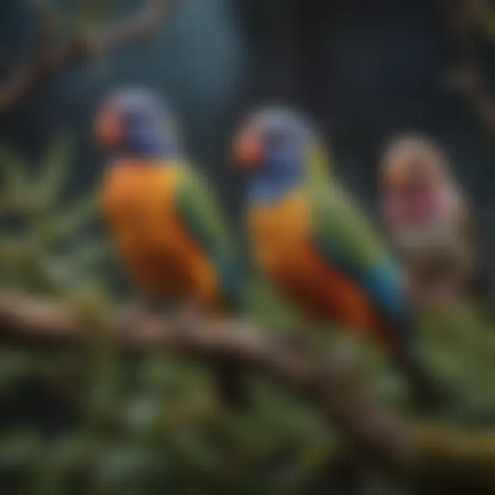 A colorful array of pet birds perched on a branch in Scotland