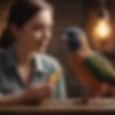 Bird owner facilitating play with their pet