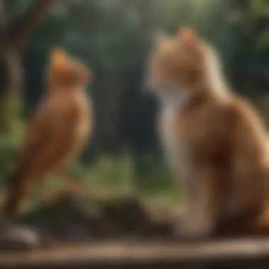 Feline and Avian Harmony A serene living environment showcasing a cat and a bird in harmony.