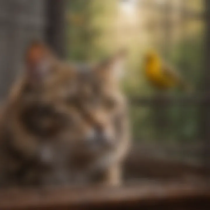 A cat observing a bird safely in a cage.