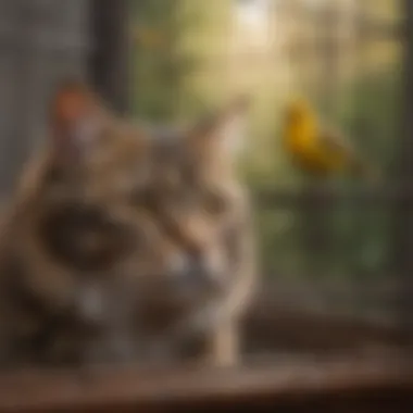 Curiosity and Caution A cat observing a bird safely in a cage.