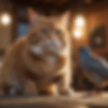 Training for Coexistence A pet owner training a cat and a bird for coexistence.