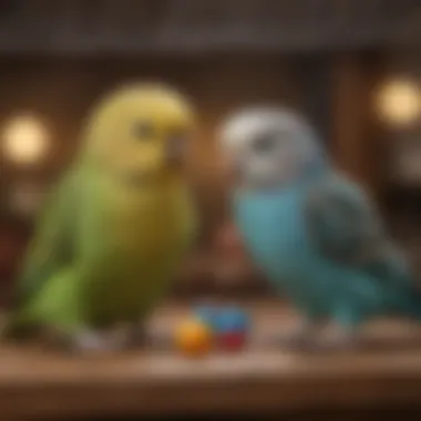 A budgerigar interacting with toys in its cage