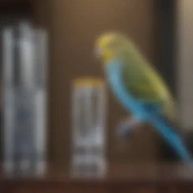 A serene budgie with a water dispenser in the background