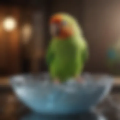 A vibrant parakeet perched on a water bowl