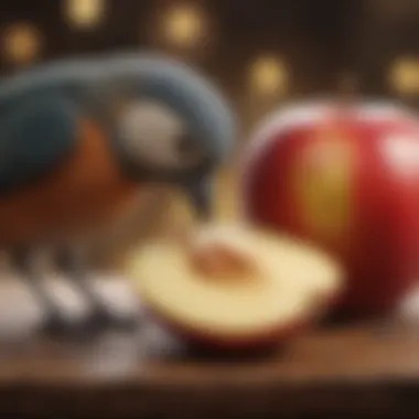 A pet bird curiously inspecting a slice of apple, symbolizing exploration of new foods.