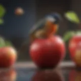 A vibrant apple with a bird perched nearby, illustrating a harmonious coexistence.