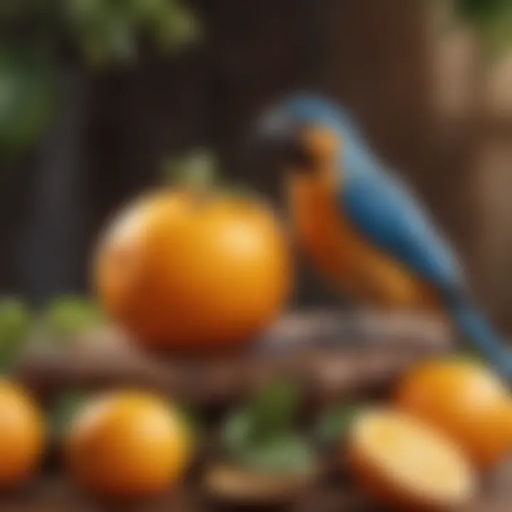 Various pet bird species interacting with fruit