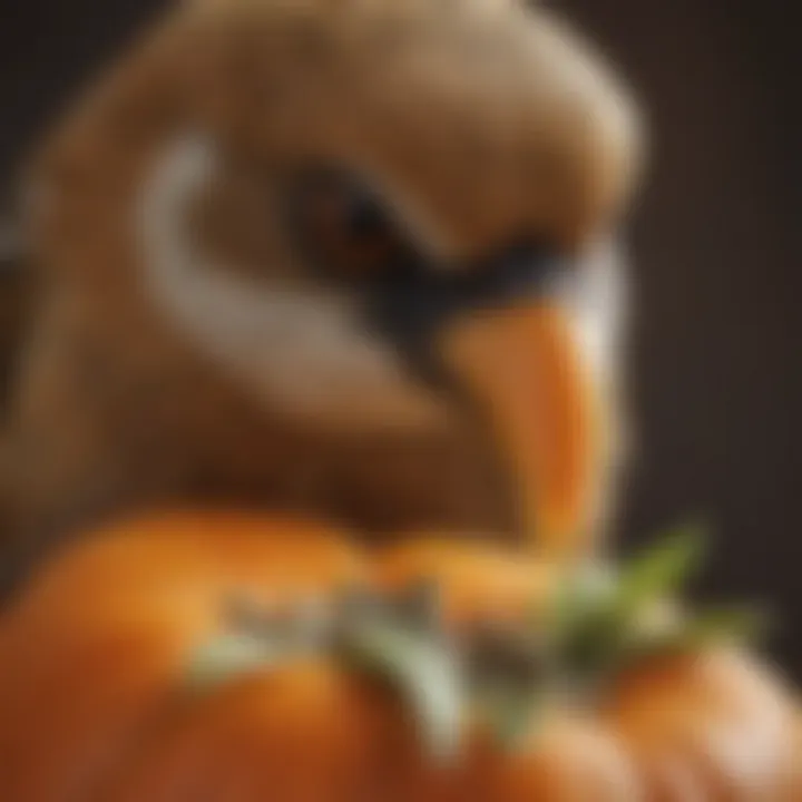 Close-up of a bird's beak holding a pumpkin seed