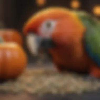 A colorful parrot inspecting pumpkin seeds with curiosity