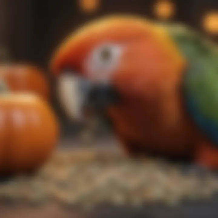 A colorful parrot inspecting pumpkin seeds with curiosity