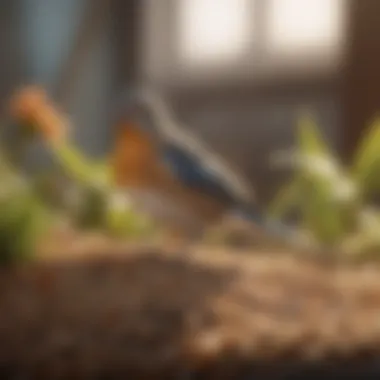 A healthy bird perched beside grains and seeds