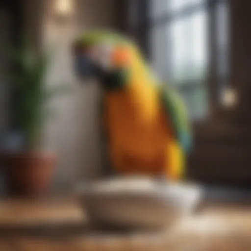 A vibrant parrot exploring a bowl of rice