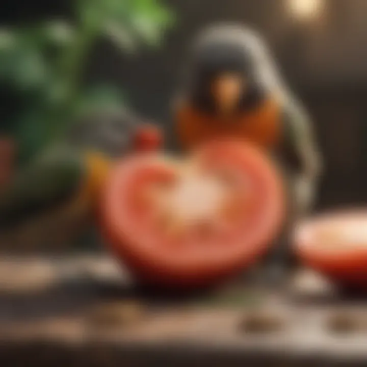 A pet bird curiously observing a slice of tomato