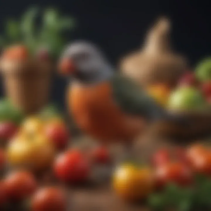 A colorful array of fruits and vegetables suitable for pet birds