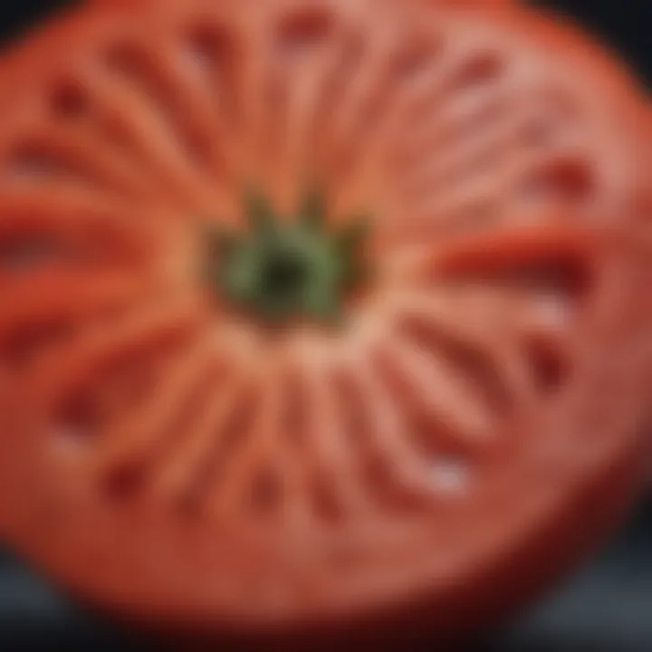 A vibrant tomato sliced open, showcasing its juicy interior