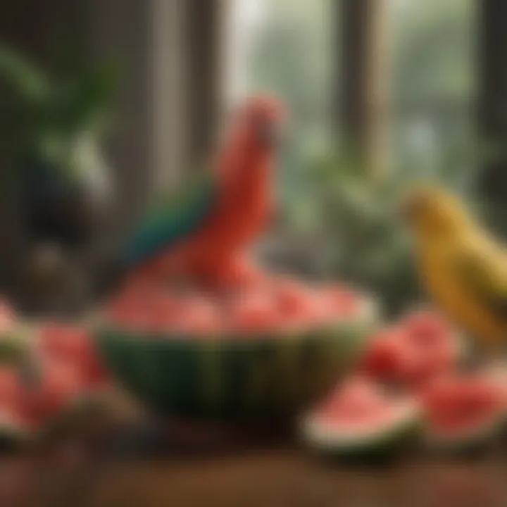 A variety of pet birds perched near a bowl of fresh watermelon cubes.