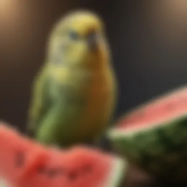 Close-up of a budgie curiously inspecting a piece of watermelon.