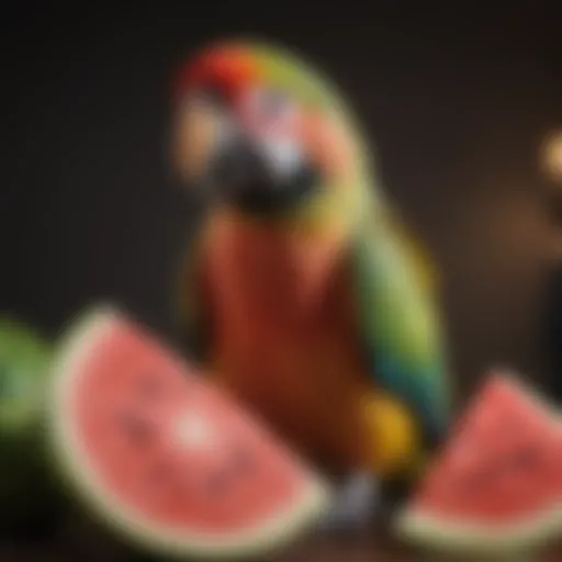 A vibrant slice of watermelon displayed alongside a colorful parrot.