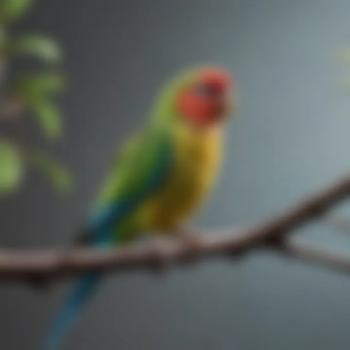 A close-up of a colorful parakeet perched on a branch