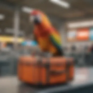 A colorful parrot perched on a travel carrier in an airport.