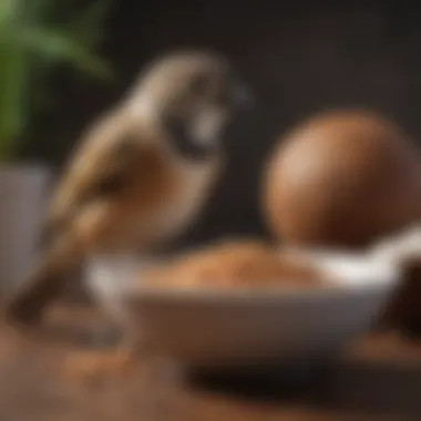 A bird perched near a bowl containing coconut oil and seeds