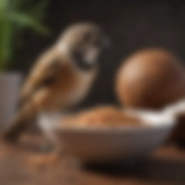 A bird perched near a bowl containing coconut oil and seeds