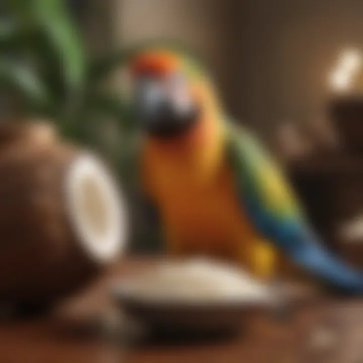 A vibrant parrot enjoying a small dish of coconut oil