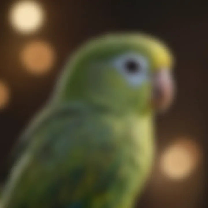 A close-up view of a parakeet observing its surroundings in dim light.