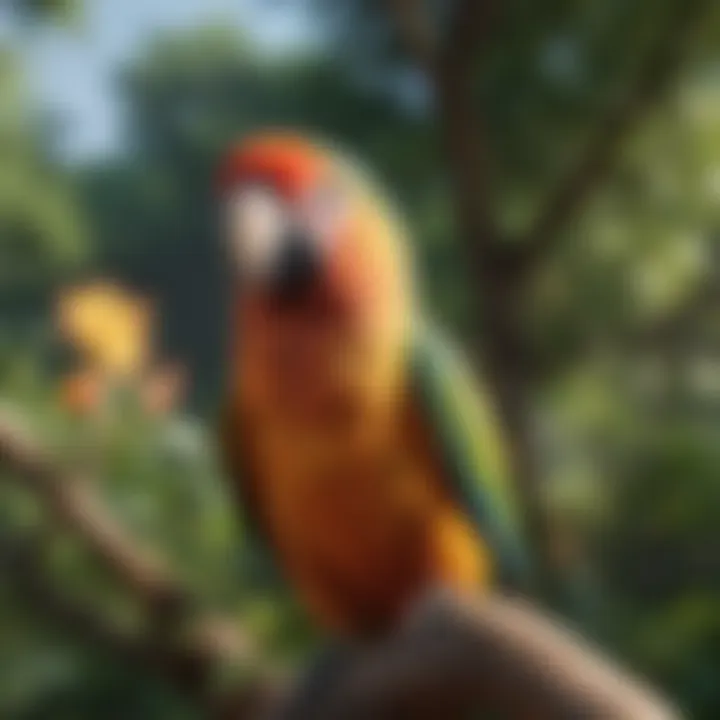 Colorful parrot perched on a tree branch outdoors