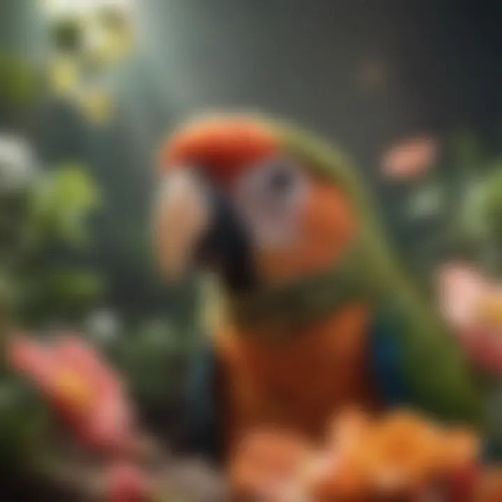 Close-up of a parrot looking curiously at flowers