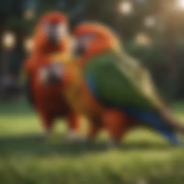 A parrot playing happily on a grassy lawn