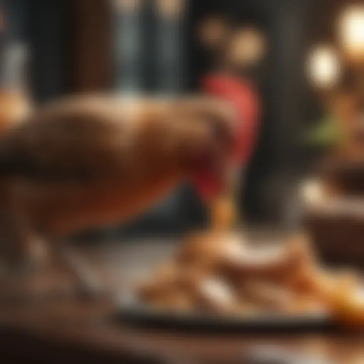 A close-up of a bird eating small pieces of chicken.