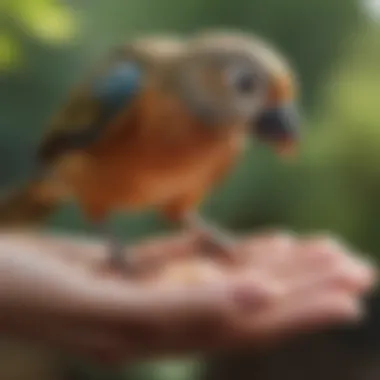 A close-up of a bird's foot on a hand, symbolizing the bond between pet and owner during outdoor exploration