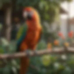 A vibrant parrot perched on a branch in a garden setting, enjoying the outdoors