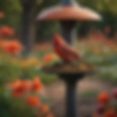 A well-placed bird feeder among colorful flowers attracting cardinals.