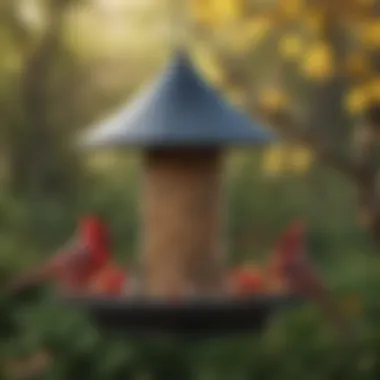 Various types of bird feeders designed for cardinals in a lush backyard.