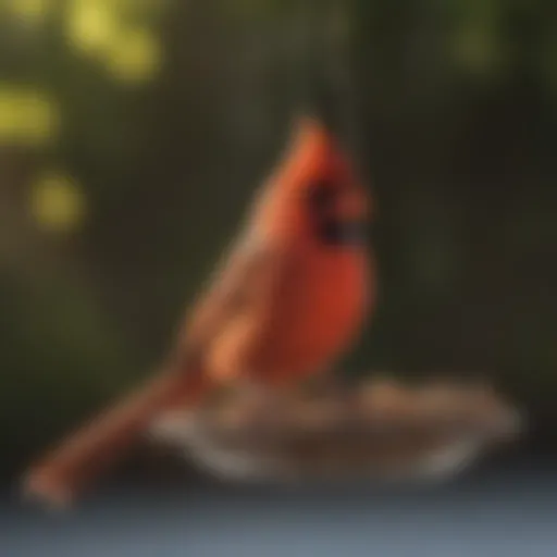 A vibrant cardinal perched at a bird feeder filled with seeds.