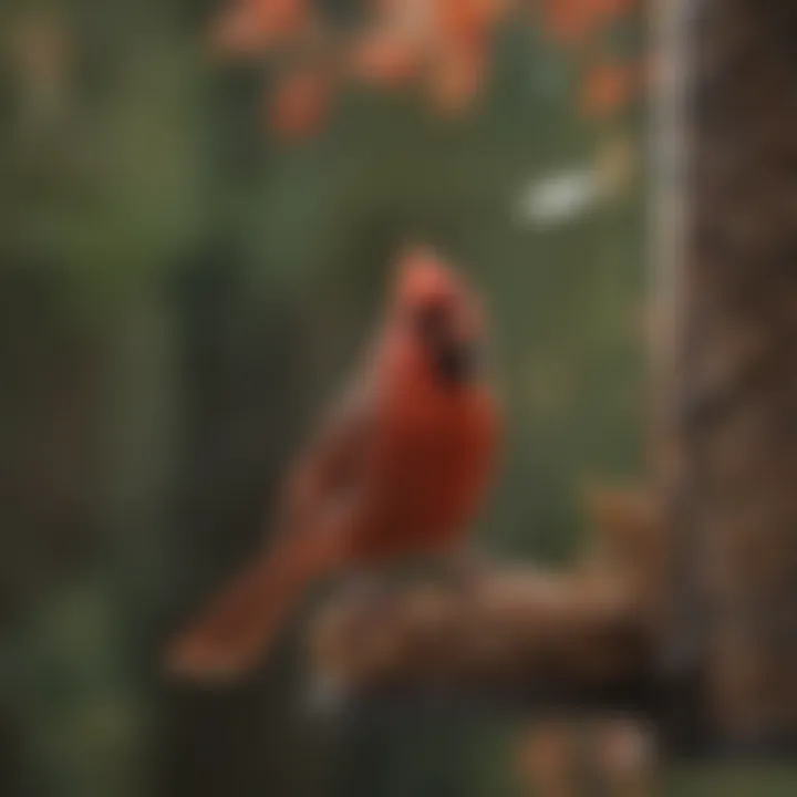 Close-up of cardinal perched on a feeder with squirrel deterrent features