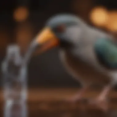 Close-up of a bird drinking from a water bottle