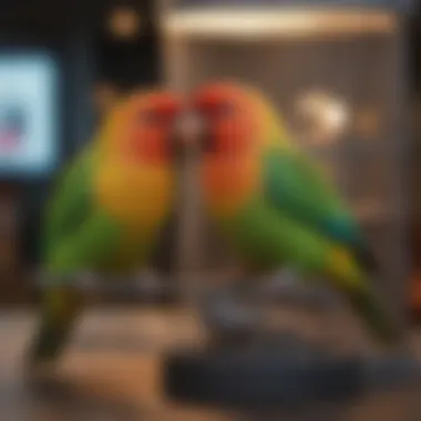 Colorful Accessories for Lovebirds Colorful accessories enhancing lovebird habitat
