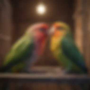 Illustration of lovebirds interacting in their cage