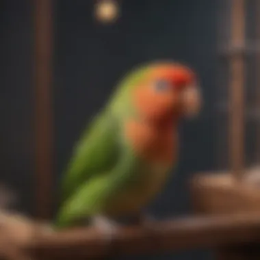 Close-up of a natural wood perch in a lovebird cage